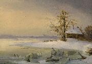 Theodor Hosemann Blick uber die Havel auf das winterliche Brandenburg. oil on canvas